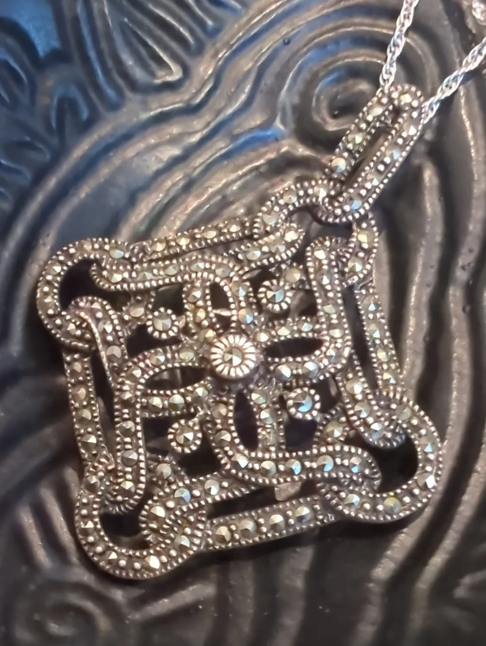 Vintage Marcasite Sterling Silver Filigree Pendant Necklace